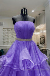 Gorgeous Strapless Layered Purple Tulle Long Semi Formal Prom Dresses with Belt, Purple Formal Evening Dresses, Purple Ball Gown